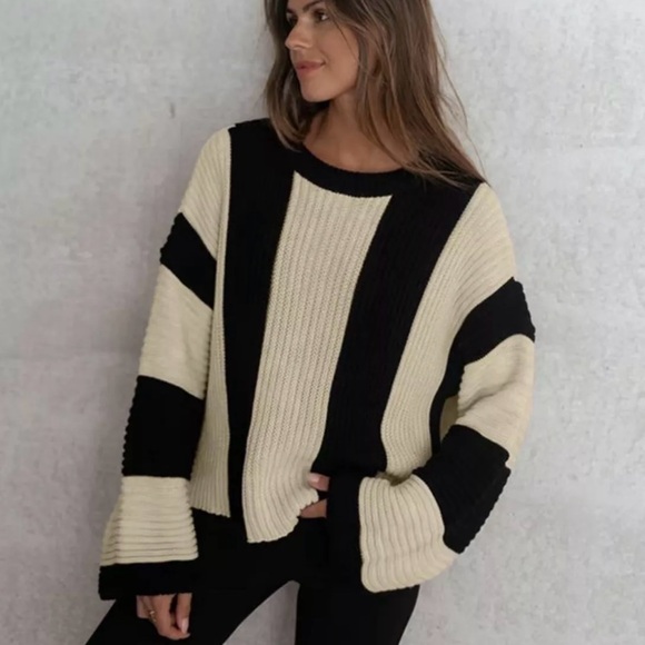 Women’s Colorblock Sweater Stripe, Round Neck, Casual-Black/Cream-XL - Picture 5 of 6